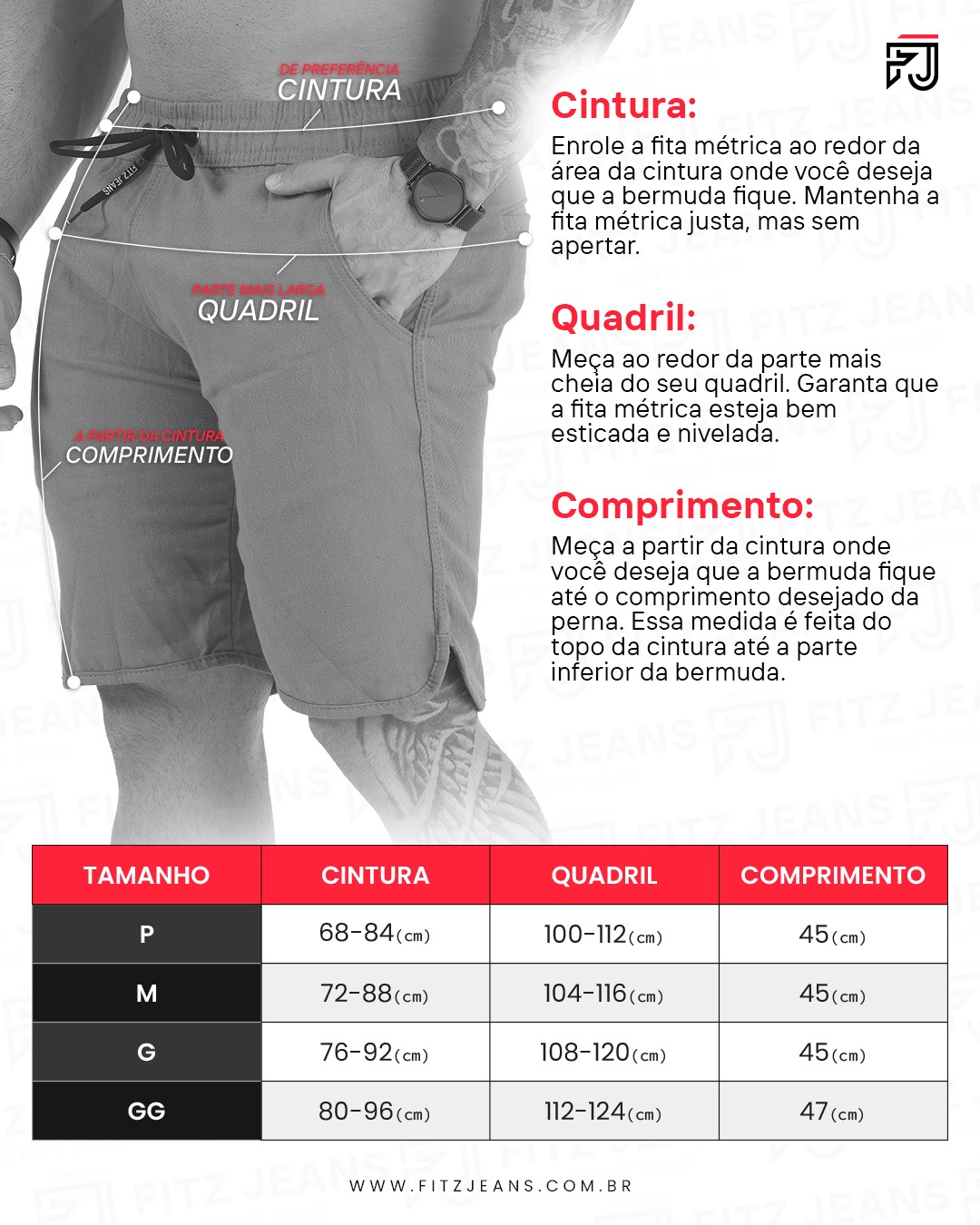 Tabela de medidas shorts sarja